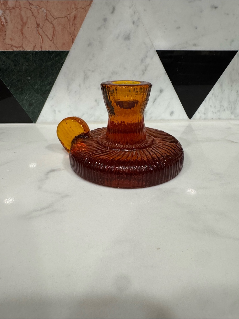 Viking Amber Glass Candle Holder - Ribbed Vintage Style